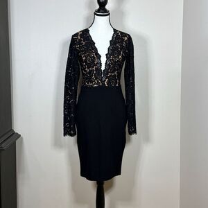 Lulus Womens Swooner Or Later Dress M Black Lace Plunge V Neck Long Sleeve